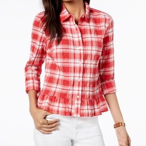 Tommy Hilfiger Plaid Ruffle Hem Cotton Button Down - size L